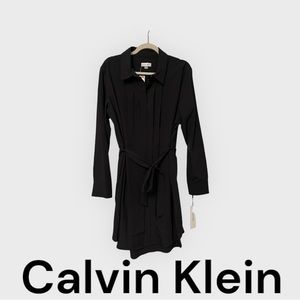 NWT Calvin Klein Dress 14 black belted pleats shirt dress